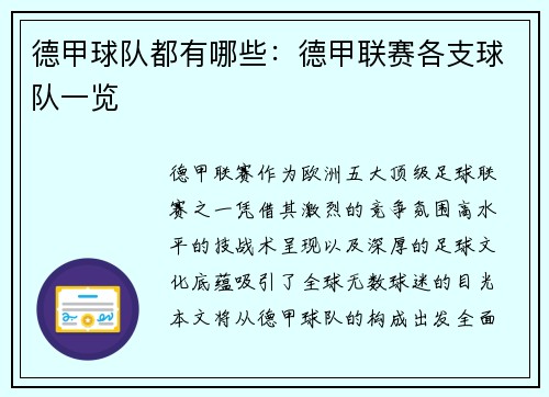 德甲球队都有哪些：德甲联赛各支球队一览