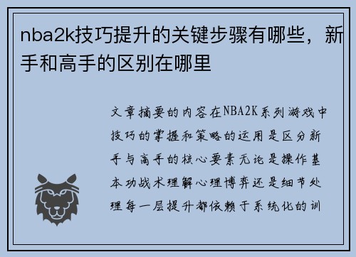 nba2k技巧提升的关键步骤有哪些，新手和高手的区别在哪里