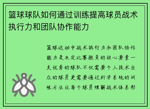篮球球队如何通过训练提高球员战术执行力和团队协作能力